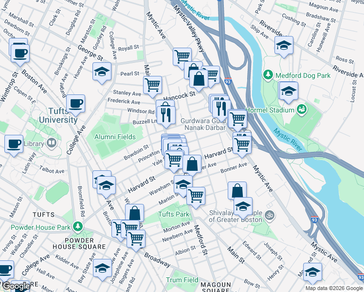 map of restaurants, bars, coffee shops, grocery stores, and more near 19 Golden Avenue in Medford