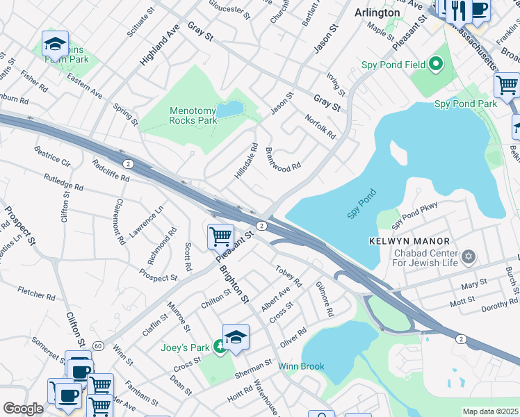 map of restaurants, bars, coffee shops, grocery stores, and more near 253 Pleasant Street in Arlington