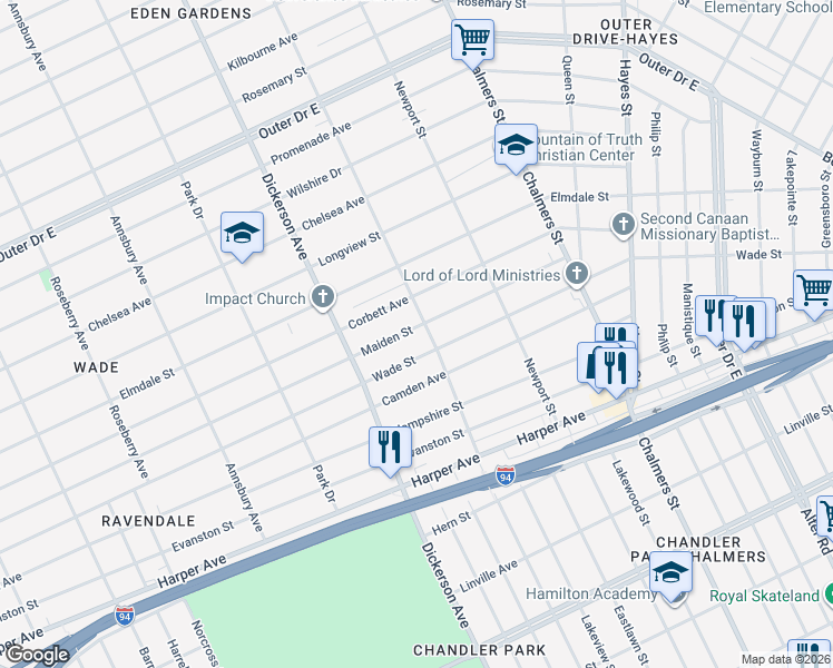 map of restaurants, bars, coffee shops, grocery stores, and more near 13144 Maiden Street in Detroit