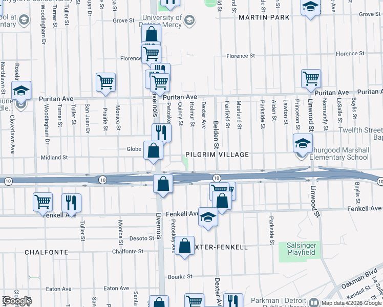 map of restaurants, bars, coffee shops, grocery stores, and more near 15703 Holmur Street in Detroit