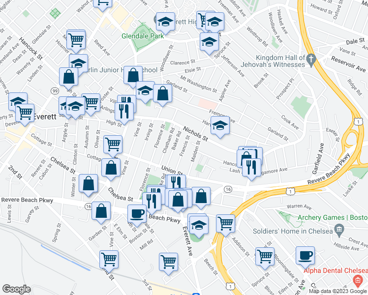 map of restaurants, bars, coffee shops, grocery stores, and more near 110 Francis Street in Everett