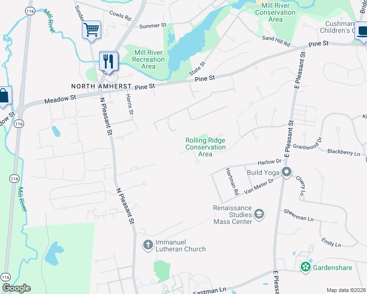 map of restaurants, bars, coffee shops, grocery stores, and more near 209 Rolling Ridge Road in Amherst