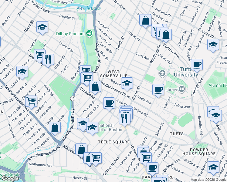 map of restaurants, bars, coffee shops, grocery stores, and more near 210 Powder House Boulevard in Somerville