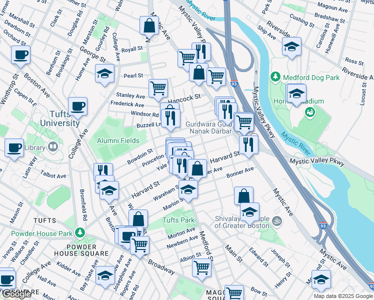 map of restaurants, bars, coffee shops, grocery stores, and more near 19 Golden Avenue in Medford