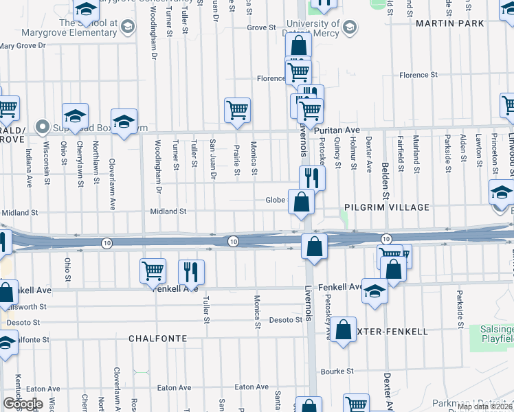 map of restaurants, bars, coffee shops, grocery stores, and more near 6465 Globe Street in Detroit