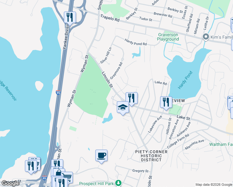 map of restaurants, bars, coffee shops, grocery stores, and more near 2 Kings Way in Waltham