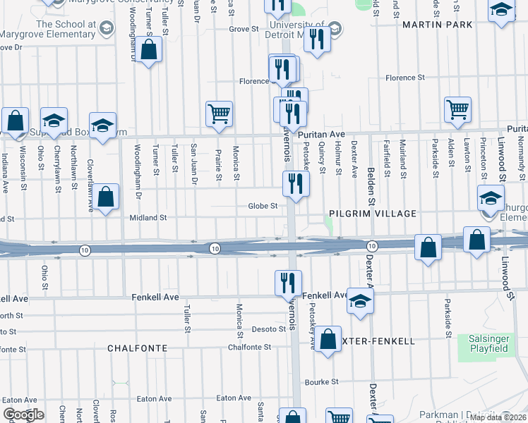 map of restaurants, bars, coffee shops, grocery stores, and more near 6385 Globe Street in Detroit