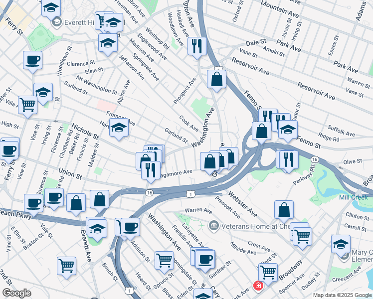 map of restaurants, bars, coffee shops, grocery stores, and more near 455 Washington Avenue in Chelsea