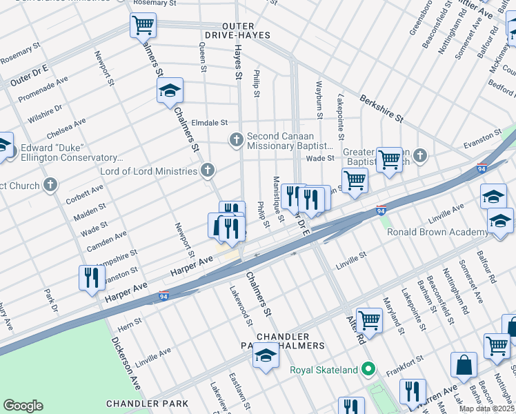 map of restaurants, bars, coffee shops, grocery stores, and more near 9137 Philip Street in Detroit