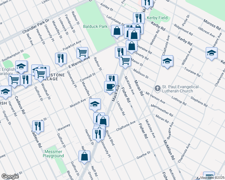 map of restaurants, bars, coffee shops, grocery stores, and more near 4444 Radnor Street in Detroit