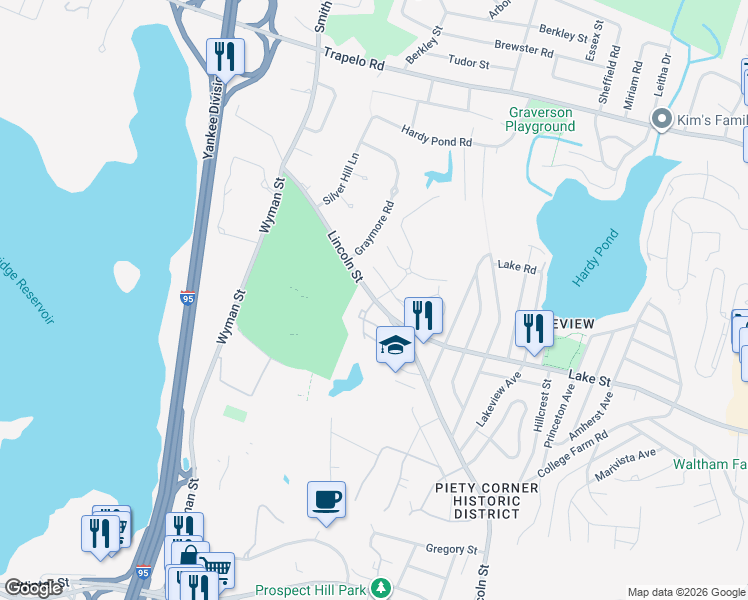 map of restaurants, bars, coffee shops, grocery stores, and more near 3 Kings Way in Waltham