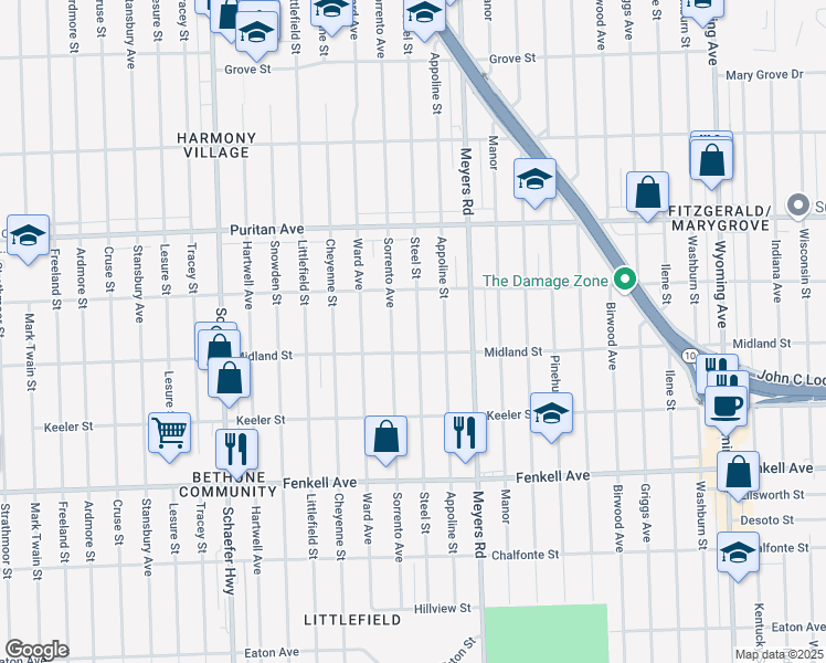 map of restaurants, bars, coffee shops, grocery stores, and more near 15739 Steel Street in Detroit