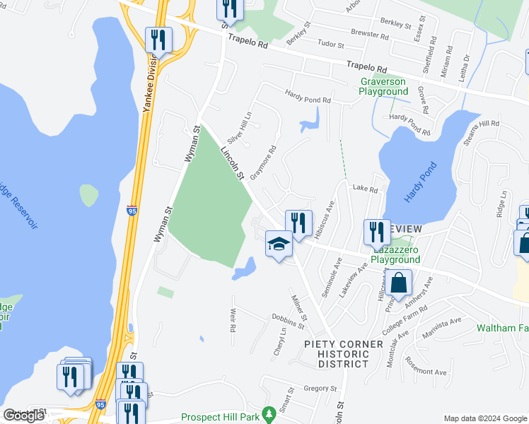 map of restaurants, bars, coffee shops, grocery stores, and more near 22 Kings Way in Waltham