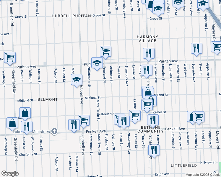 map of restaurants, bars, coffee shops, grocery stores, and more near 15749 Ardmore Street in Detroit
