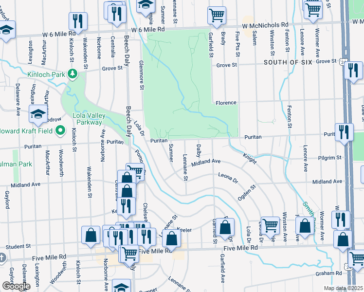 map of restaurants, bars, coffee shops, grocery stores, and more near 15897 Lennane in Redford Charter Township