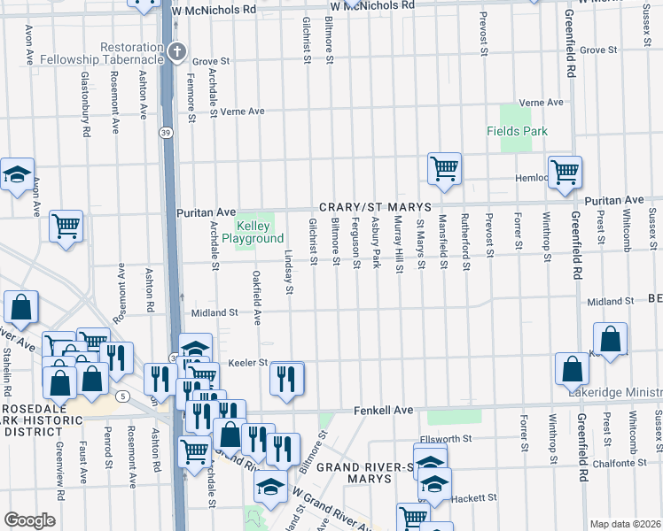 map of restaurants, bars, coffee shops, grocery stores, and more near 15787 Biltmore Street in Detroit