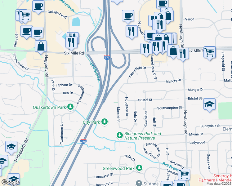 map of restaurants, bars, coffee shops, grocery stores, and more near 16577 Marsha Street in Livonia