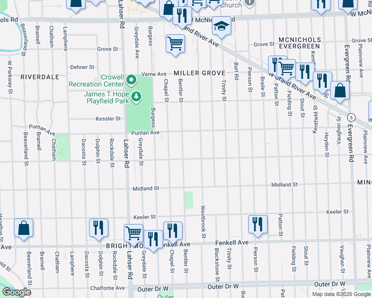 map of restaurants, bars, coffee shops, grocery stores, and more near 15842 Bentler Street in Detroit