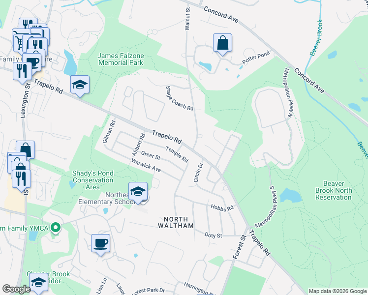 map of restaurants, bars, coffee shops, grocery stores, and more near 706 Trapelo Road in Waltham