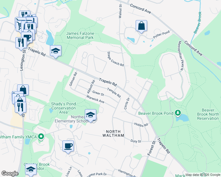 map of restaurants, bars, coffee shops, grocery stores, and more near 100 Temple Road in Waltham