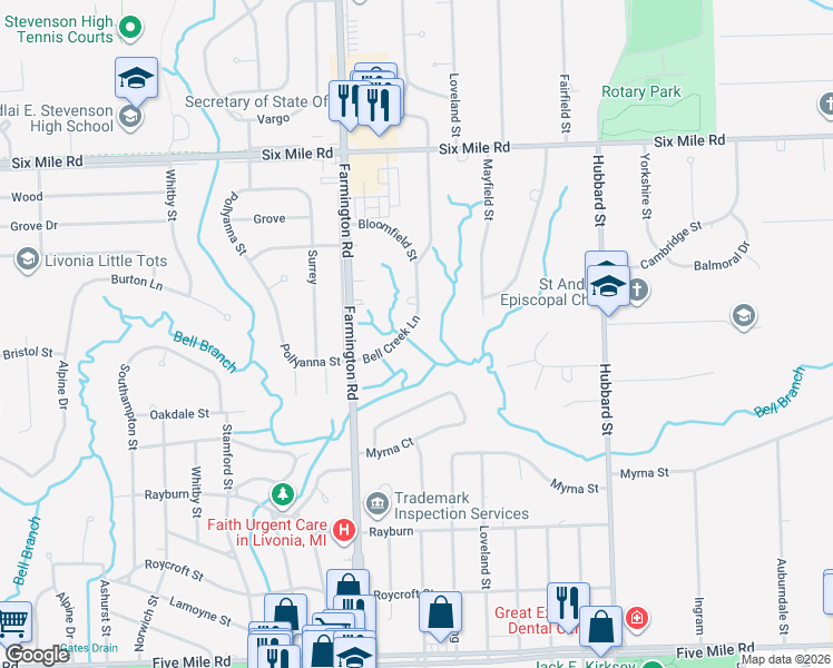 map of restaurants, bars, coffee shops, grocery stores, and more near 16432 Bell Creek Lane in Livonia