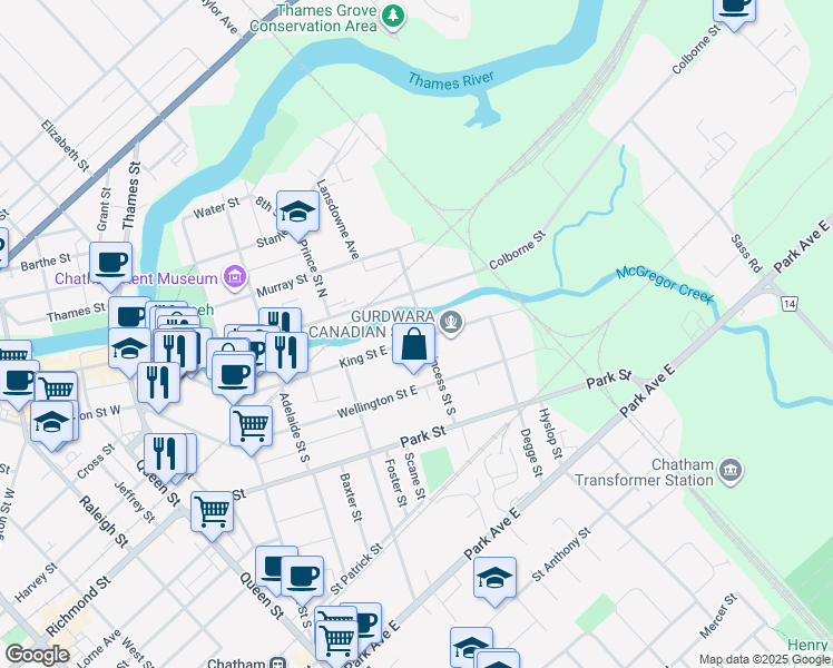 map of restaurants, bars, coffee shops, grocery stores, and more near 183 King Street East in Chatham