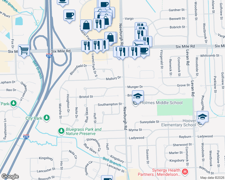 map of restaurants, bars, coffee shops, grocery stores, and more near 37577 Munger in Livonia