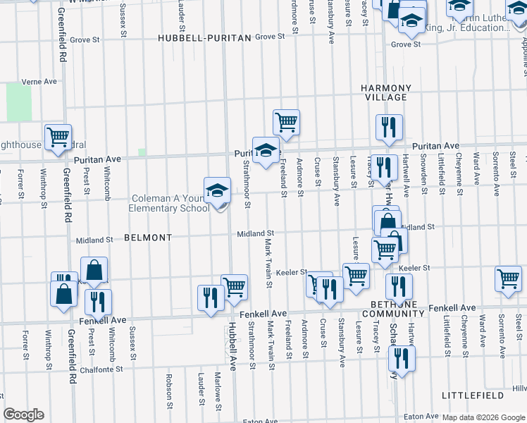 map of restaurants, bars, coffee shops, grocery stores, and more near 15743 Mark Twain Street in Detroit