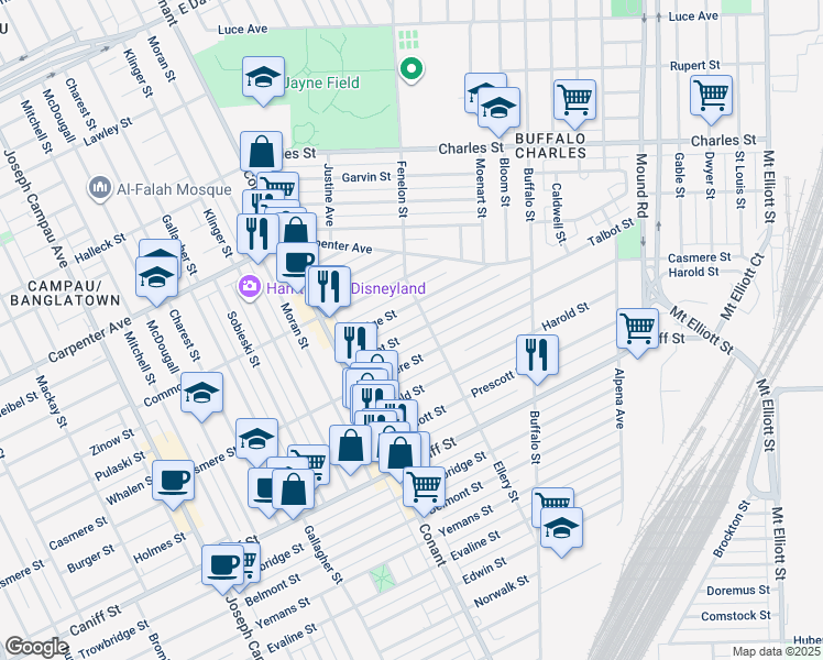 map of restaurants, bars, coffee shops, grocery stores, and more near 3953 Talbot Street in Hamtramck