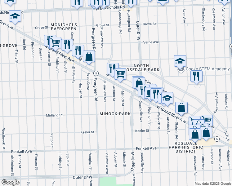 map of restaurants, bars, coffee shops, grocery stores, and more near 15822 Auburn Street in Detroit