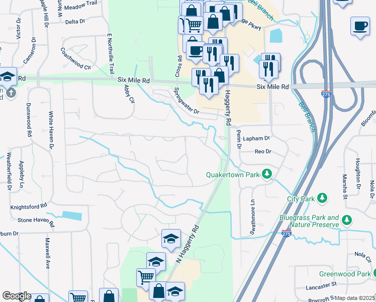 map of restaurants, bars, coffee shops, grocery stores, and more near 16362 Forest Lake Drive in Northville