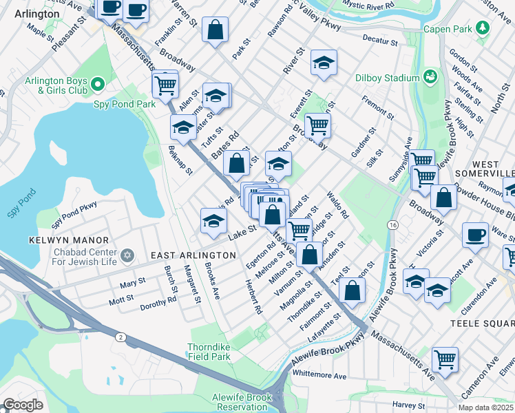 map of restaurants, bars, coffee shops, grocery stores, and more near 219 Massachusetts Avenue in Arlington
