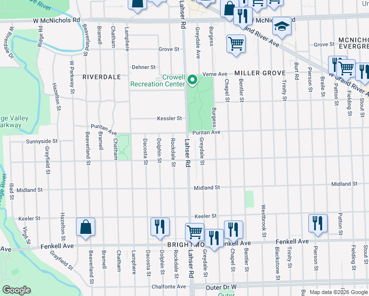 map of restaurants, bars, coffee shops, grocery stores, and more near 15853 Lahser Road in Detroit