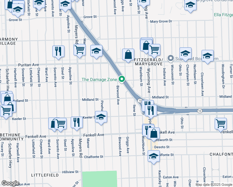 map of restaurants, bars, coffee shops, grocery stores, and more near 15731 Birwood Street in Detroit
