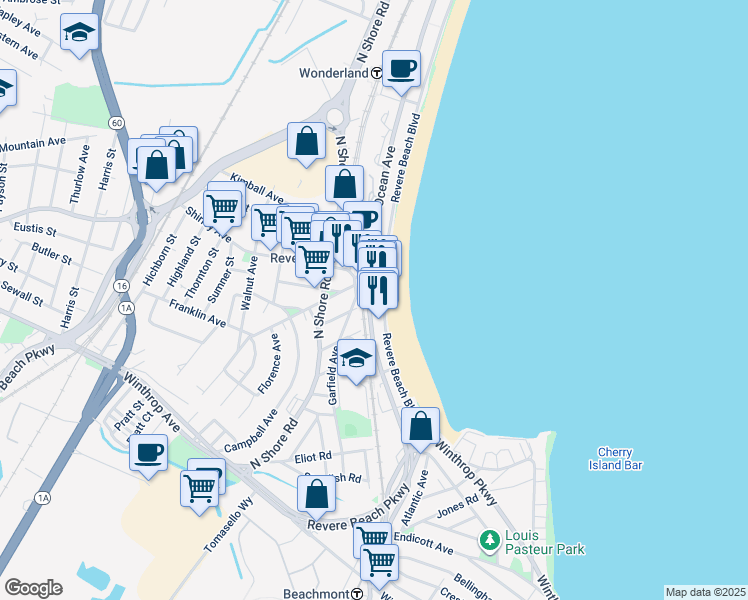map of restaurants, bars, coffee shops, grocery stores, and more near 78 Revere Beach Boulevard in Revere
