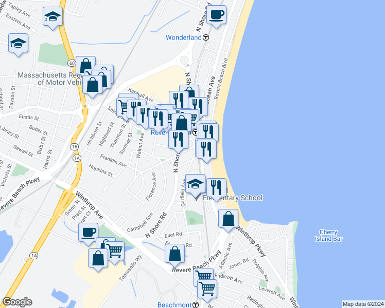 map of restaurants, bars, coffee shops, grocery stores, and more near 101 Centennial Avenue in Revere