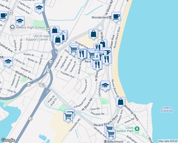 map of restaurants, bars, coffee shops, grocery stores, and more near 30 Fitzhenry Square in Revere