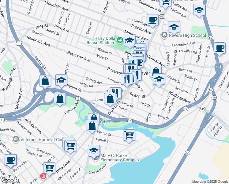 map of restaurants, bars, coffee shops, grocery stores, and more near 40 Fenno Street in Revere