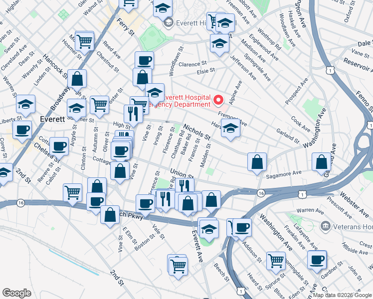 map of restaurants, bars, coffee shops, grocery stores, and more near 110 Francis Street in Everett