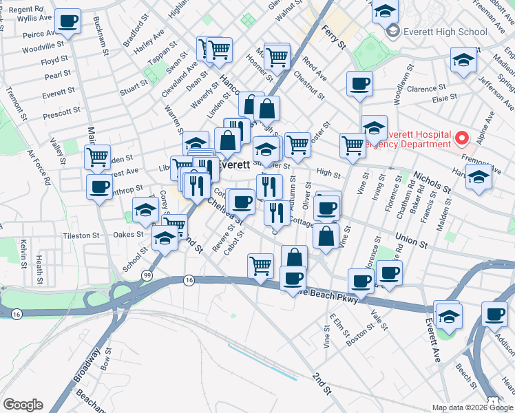 map of restaurants, bars, coffee shops, grocery stores, and more near 78 Cottage Street in Everett