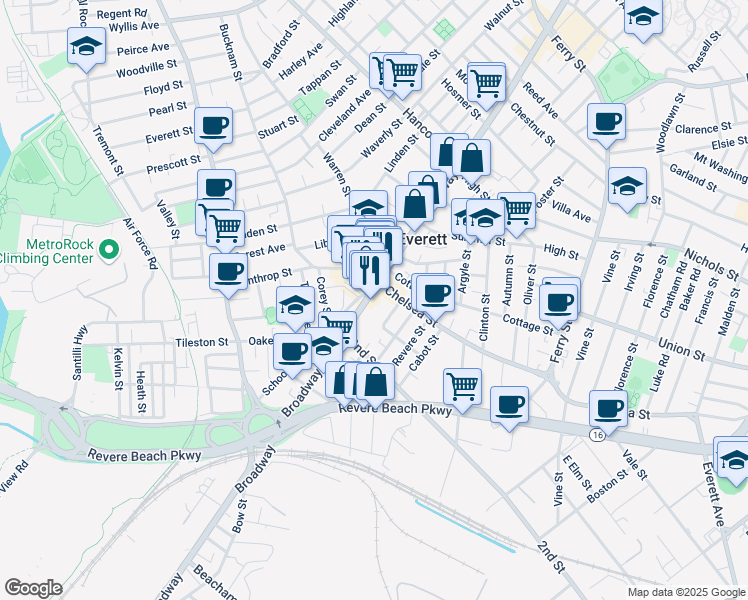 map of restaurants, bars, coffee shops, grocery stores, and more near 15 Chelsea Street in Everett