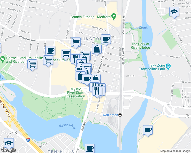 map of restaurants, bars, coffee shops, grocery stores, and more near 629 Wellington Road in Medford