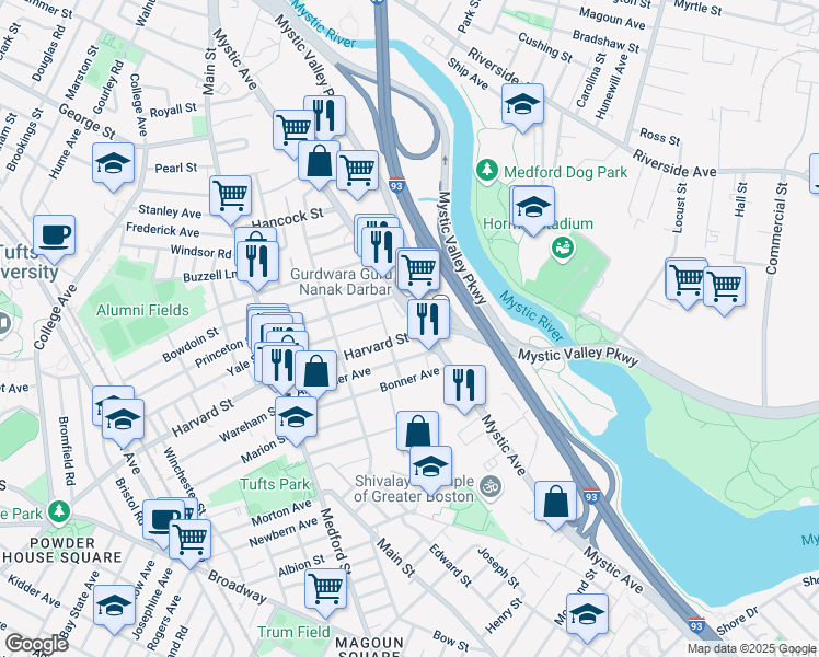 map of restaurants, bars, coffee shops, grocery stores, and more near 243 Mystic Avenue in Medford