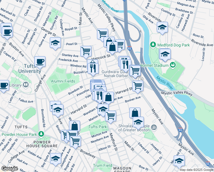map of restaurants, bars, coffee shops, grocery stores, and more near 107 Willis Avenue in Medford