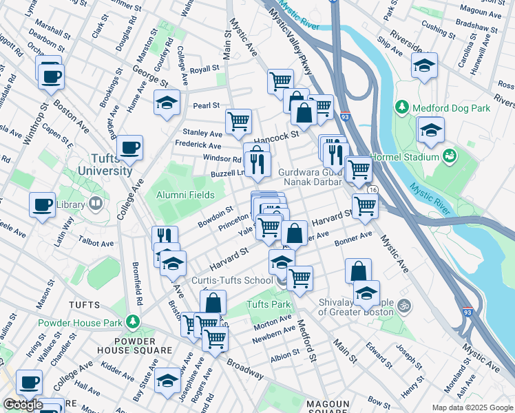 map of restaurants, bars, coffee shops, grocery stores, and more near 9 Princeton Street in Medford