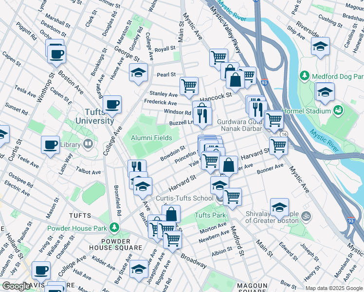 map of restaurants, bars, coffee shops, grocery stores, and more near 43 Bowdoin Street in Medford