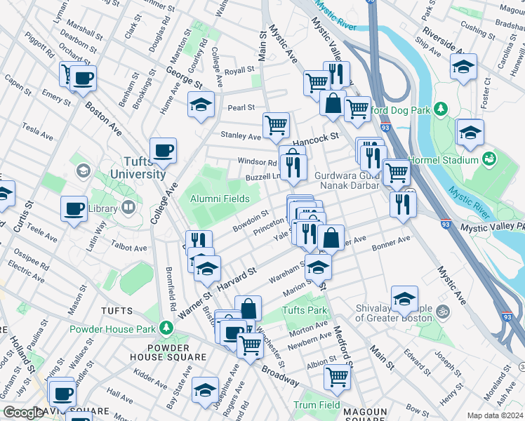 map of restaurants, bars, coffee shops, grocery stores, and more near 43 Bowdoin Street in Medford