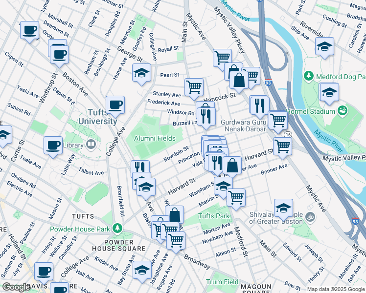 map of restaurants, bars, coffee shops, grocery stores, and more near 43 Bowdoin Street in Medford
