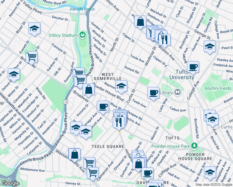 map of restaurants, bars, coffee shops, grocery stores, and more near 183 Powder House Boulevard in Somerville