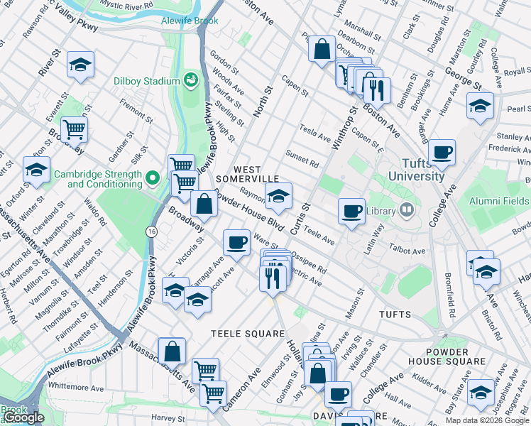 map of restaurants, bars, coffee shops, grocery stores, and more near 183 Powder House Boulevard in Somerville
